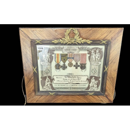 1318 - WW1 Five French Framed Medals & War Certificate, awarded to Alexis Ollivier.  Framed in a wooden dou... 