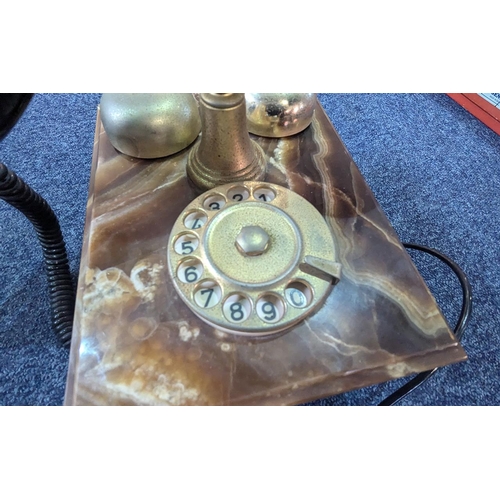 1370 - Vintage American Marble Telephone, marble base with cradle for handset, and twin brass ringers.