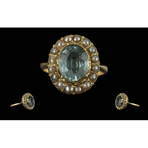 139A - Victorian Period 1837 - 1901 Ladies 9ct Gold Aquamarine and Seed Pearl Set Cluster Ring, Flower head... 