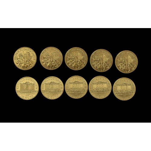 148A - Austria Phill Set of Five 1.1/0 ozs of Fine Gold Coins. Purity 999. Weight Half oz of Fine Gold.