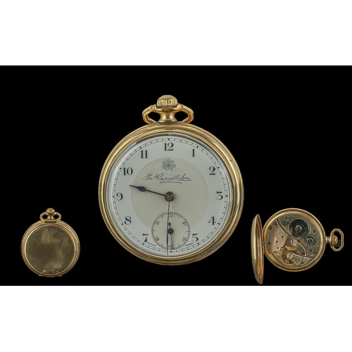 185 - Thomas Russel & Son Gold Plated 15 Jewels Open Faced Keyless Pocket Watch. The Case Guaranteed to We... 