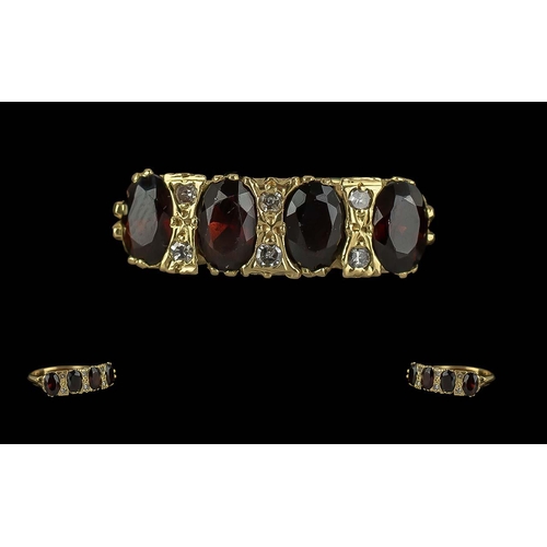 198 - 18ct Gold Garnet & Diamond Half Hoop Ring, weight 5.54 grams.  Ring size Q/R.