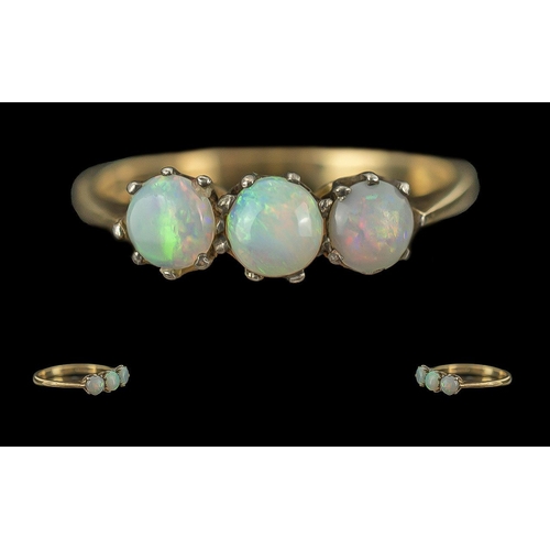 220 - Antique Period Ladies - Attractive 9ct Gold 3 Stone Opal Set Dress Ring, The 3 Cabochon Cut Opals of... 