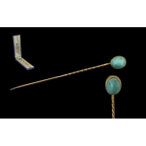 236 - Antique Period - Pleasing 18ct Gold Turquoise Set Stick Pin with Original Fitted Display Box, Publis... 