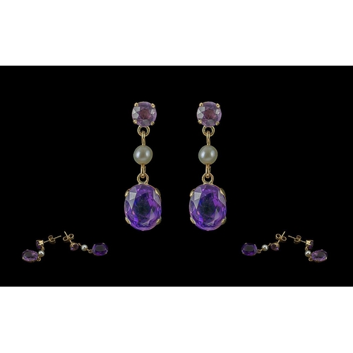 239 - Ladies Pair of Fine 9ct Gold Amethyst and Pearl Set Earrings. With Full Hallmark for 9.375. Amethyst... 