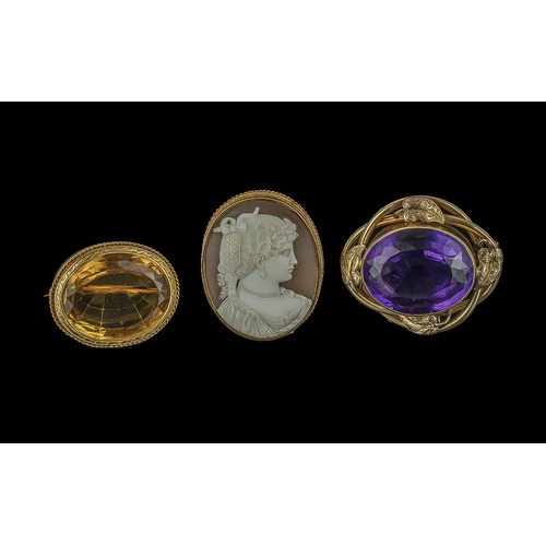 283 - A Fine Collection Of Antique 9ct Gold Gem Set Brooches - One Set With A Large Faceted Amethyst, The ... 