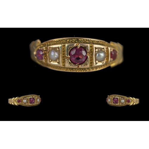 287 - Antique Period Ladies 15ct Gold Ruby and Pearl Set Dress Ring, Ornate Setting, Full Hallmark to Inte... 