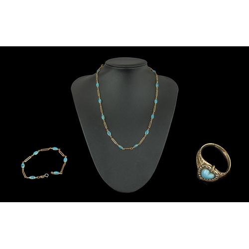 316 - Collection of Turquoise Set Gold Plated Jewellery, necklace, bracelet and ring.