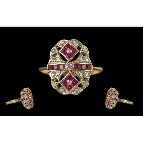 32 - Ladies 14ct Gold Attractive Ruby and Diamond Set 1930's Style Dress Ring, Marked 585 to Interior of ... 