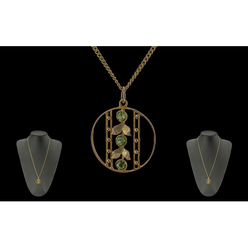 33 - Edwardian Period 1901 - 1910 9ct Gold Circular Pendant Set with Peridots and Attached to a 9ct Gold ... 