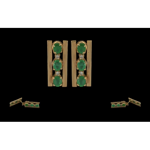 35 - Ladies Fine Pair of 18ct Gold Emerald and Diamond Set Earrings of Rectangular Form, Not Marked but T... 