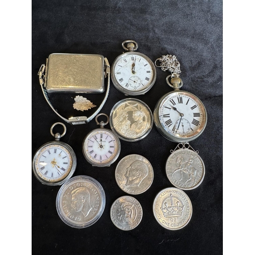 397 - Mixed Bag of Broken Silver Pocket Watches, Coins, Silver Plate Pocket Watch etc.