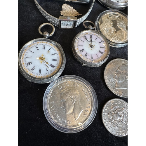 397 - Mixed Bag of Broken Silver Pocket Watches, Coins, Silver Plate Pocket Watch etc.