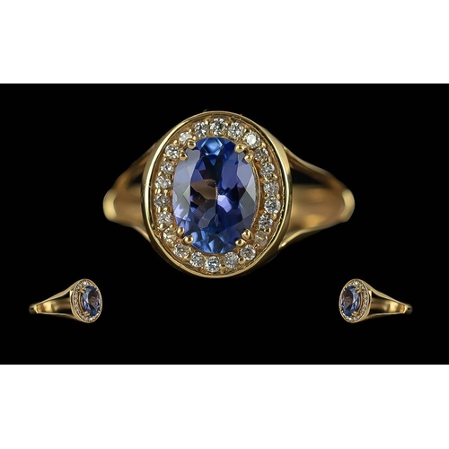 3A - Ladies 18ct Gold Tanzanite and Diamond Set Cluster Ring, Full Hallmark to Interior of Shank, The Tan... 