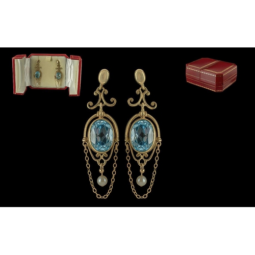 4 - Antique Period Attractive and Well Designed Pair of 9ct Gold Aquamarine Set Ornate Earrings with Pea... 