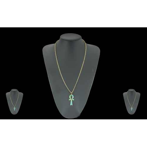 65 - A Fine 18ct Gold Turquoise Set Celtic Cross - Attached to a Long 9ct Gold Belcher Chain, Both Celtic... 