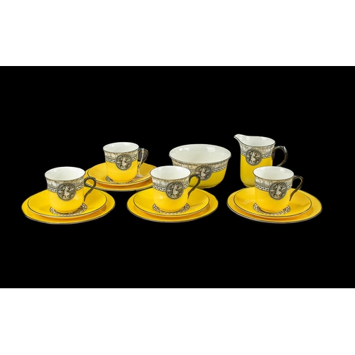 656 - Shelley 'Cameo Dancer' Art Deco Tea Set, yellow ground with black and white stencilled image, compri... 