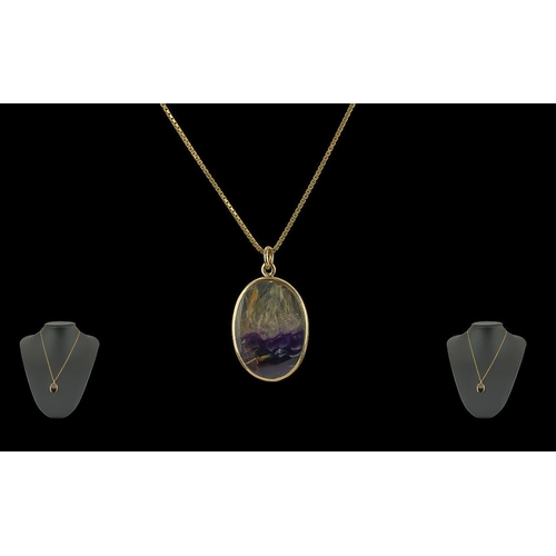 66 - Ladies 9ct Gold Blue John Set Pendant Attached to a 9ct Gold Chain. Both Pendant and Chain Marked fo... 