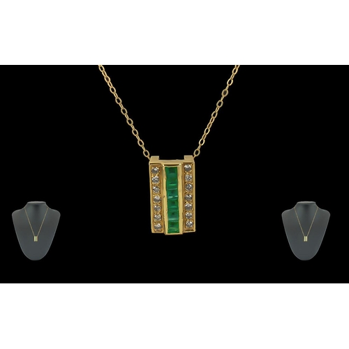 68 - Ladies - Quality 14ct Gold Emerald and Diamond Set Pendant of Rectangular Form, Attached to a 9ct Go... 