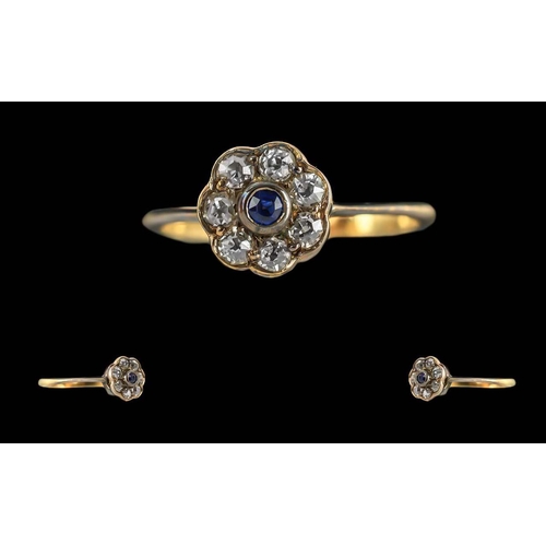 68A - Antique Period - Pleasing 18ct Gold Petite Diamond and Sapphire Set Cluster Ring, Flower head Settin... 