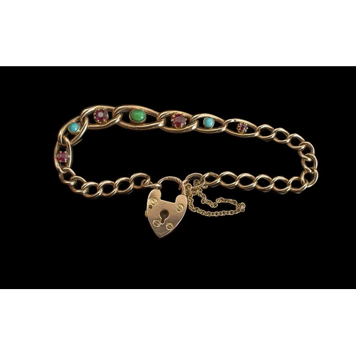 72 - Antique Period - Good Quality Ladies 9ct Gold Curb Bracelet Set with Turquoise / Garnets of Good Col... 