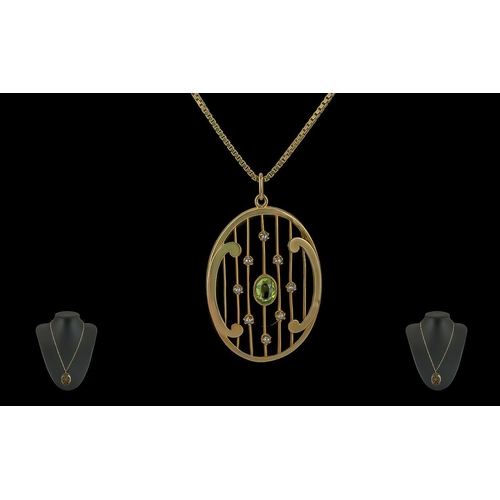 75A - Ladies - Attractive 9ct Gold Circular Open Worked Pendant Set with Peridots and Seed Pearls, Attache... 