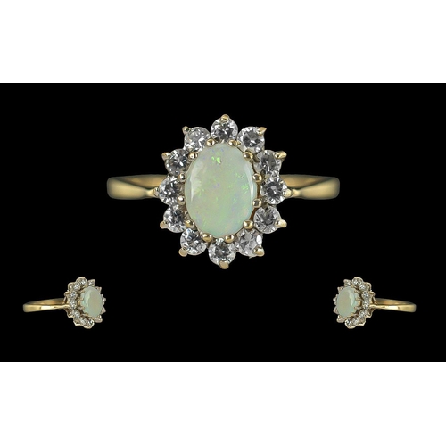 76 - Ladies - Attractive 9ct Gold Diamond and Opal Set Cluster Ring, Flower head Setting, The Central Ova... 