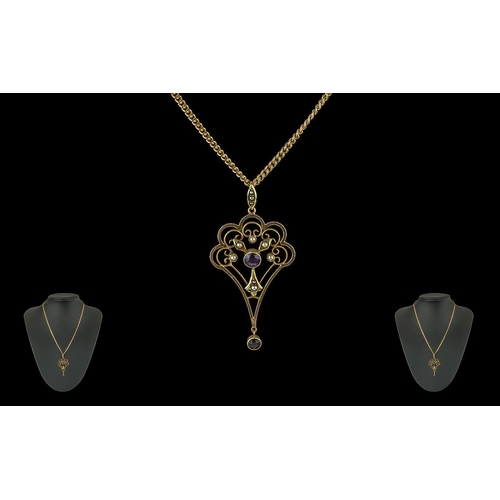 81A - Antique Period Ladies 15ct Gold Open Worked Pendant Set with Garnets and Seed Pearls, Attached to a ... 