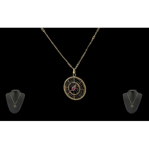 83 - Ladies 9ct Gold Circular Spiders Web and Spider Designed Pendant - Attached to a 9ct Gold Chain. Bot... 