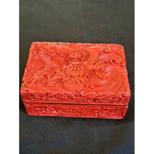 847 - Cinnabar Small Lidded Box of Rectangular Form, Beautifully Decorated Throughout of Dragons / Sea cre... 