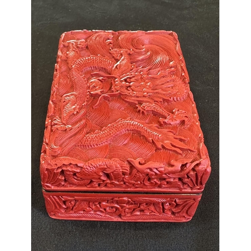 847 - Cinnabar Small Lidded Box of Rectangular Form, Beautifully Decorated Throughout of Dragons / Sea cre... 