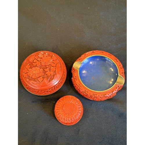 849 - Collection of ( 3 ) Cinnabar Items, Includes An Ashtray + 2 Circular Lidded Boxes, All Decorated Thr... 