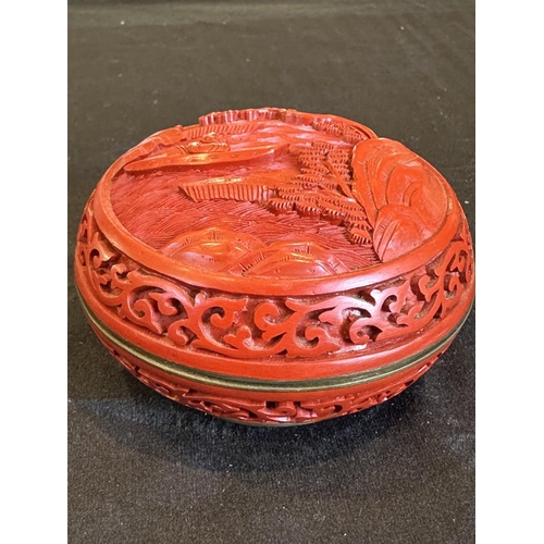 852 - Cinnabar Small Lidded Box of Circular Form, Beautifully Decorated Throughout of a Small Boat and Fig... 