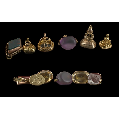 99 - Antique Period Collection of 9ct Gold Gem Set Fobs / Seals ( 5 ) + One Other Fob / Seal - Not Marked... 