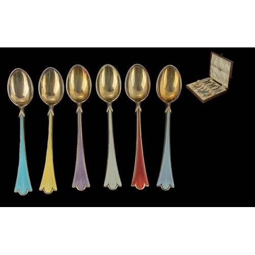 104 - Northern Goldsmiths Company Norwegian Fine Boxed Set of Six Harlequin Enamel Teaspoons ( Pleasing Fo... 