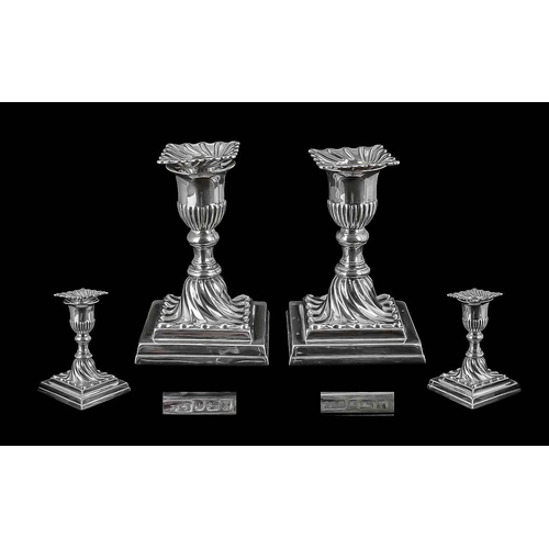 100 - Fine Pair of Victorian Sterling Silver Small Candlesticks, Raised on Square Bases, With Detachable N... 