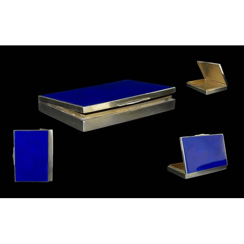 110 - Art Deco Period Quality Sterling Silver and Blue Enamel Hinged Box of Rectangular Form, Gilt Interio... 