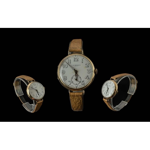 125 - J.W. Benson Officers 9ct Gold Cased Mechanical Trench Watch - Full Hallmark To Interior Of Case. Cir... 