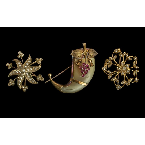 131 - Antique Period Trio of 15ct and 9ct Gold Seed Pearl Set Brooches, marked 15ct and 9ct, with gold mou... 