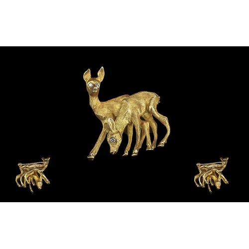 182A - 14ct Gold Diamond Animal Brooch, in the form of two deer, set with diamond eyes.  Weight 12.68 grams... 