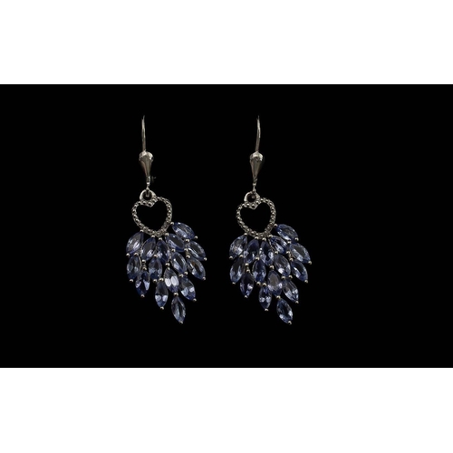 252A - Pair of Tanzanite Cluster Drop Earrings, two clusters of marquise cut tanzanites, totalling a genero... 