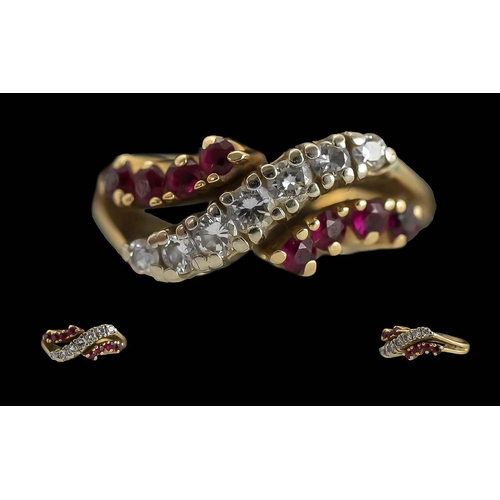 255 - 14ct Gold Ruby & Diamond Dress Ring - Stamped 14K To Interior Of Shank. Set On A Twist 7 Small Diamo... 