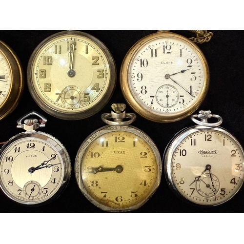 404A - Collection of Vintage Pocket Watches, including Ingersoll, Elgin, Vivax, Waltham, Virtus, Etc. Nine ... 