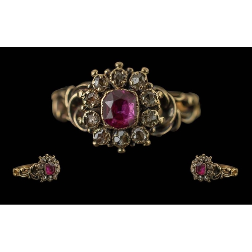 144 - Mid Victorian Period 15ct Gold Old Cut Diamond and Pink Stone Set Cluster Ring, Pleasing Design - Fo... 