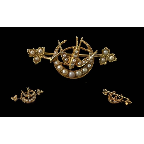 239 - Antique Period Ladies 15ct Gold Exquisite Swallows In Flight Bird Brooch, Set with Seed Pearls. Mark... 