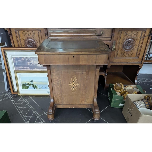 1021 - Victorian Mahogany & Walnut Inlaid Davenport Writing Desk, with hinge top and stationery compartment... 