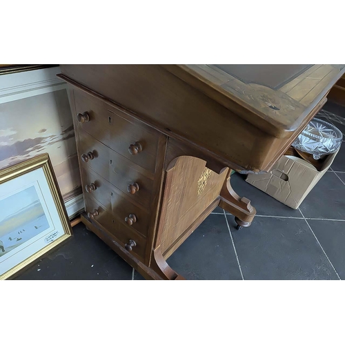 1021 - Victorian Mahogany & Walnut Inlaid Davenport Writing Desk, with hinge top and stationery compartment... 