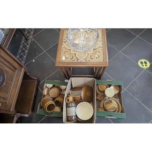 1047 - Nest of Three Tables, largest table tiled top, measures 19.5'' square, together with a tea/dinner se... 