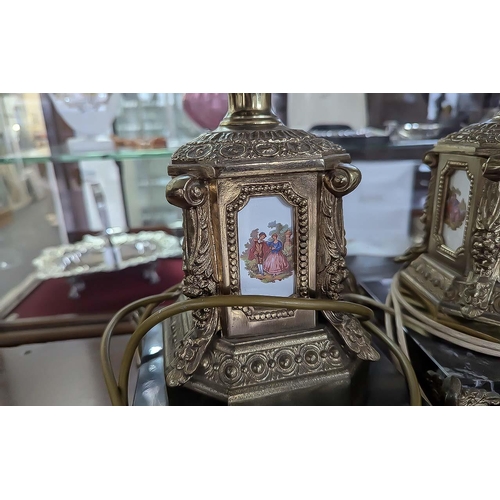 1051 - Pair of Antique Brass Lamp Bases, decorated with porcelain painted panels, raised on square marble b... 