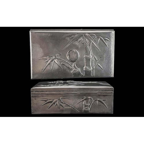 104 - Chinese Export Planished Silver Lidded Box. c.1900. With Embossed Bamboo Image Decoration To All Sid... 